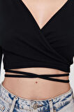 Moda Kruvaze Örme Slim Düz Desen Casual Günlük Crop Uzun Kol Bluz