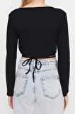 Moda Kruvaze Örme Slim Düz Desen Casual Günlük Crop Uzun Kol Bluz