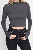 Moda Balıkçı Yaka Örme Slim Düz Desen Casual Günlük Crop Uzun Kol Bluz