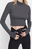 Moda Balıkçı Yaka Örme Slim Düz Desen Casual Günlük Crop Uzun Kol Bluz