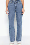 Stil Kadın Moda Denim Kot Pantolon Regular Geniş Paça Gri Bel Detaylı Yüksek Bel Jeans