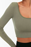 Moda Kare Yaka Örme Fit Düz Desen Sportswear Crop Uzun Kol Bluz