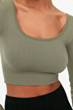 Moda Kare Yaka Örme Fit Düz Desen Sportswear Crop Uzun Kol Bluz