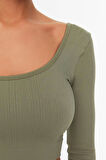 Moda Kare Yaka Örme Fit Düz Desen Sportswear Crop Uzun Kol Bluz