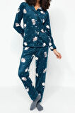 Tarz Rahat Uzun Kollu Boru Paça Penguen Desenli Polar Kışlık Örme Pijama Takımı