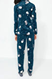 Tarz Rahat Uzun Kollu Boru Paça Penguen Desenli Polar Kışlık Örme Pijama Takımı