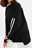 Tarz Oversize Bisiklet Yaka Düşük Kol Uzun Şerit Detaylı Geniş Kalıp İnce Örme Sweatshirt
