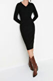 Moda Slim Casual Günlük Fitilli Triko Polo Yaka Uzun Kol Bodycone Midi Boy Elbise