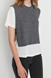 Kadın Modern Tarz Rahat Kolsuz Bisiklet Yaka Saç Örgü Kol Crop Triko Süveter