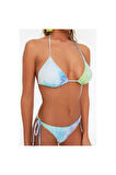 Moda Çiçekli Atma Kap Bralette Normal Bel Slip Mavi Üçgen Bağlamalı Regular Bikini Takımı