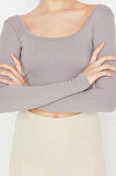 Moda Kare Yaka Örme Fit Düz Desen Sportswear Crop Uzun Kol Bluz