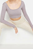 Moda Kare Yaka Örme Fit Düz Desen Sportswear Crop Uzun Kol Bluz
