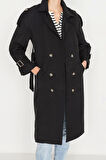 Tasarım Düz Astarlı Yaka Uzun Oversize Ceket Kadın Oversize Kuşaklı Trençkot
