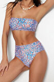 Moda Leopar Atma Kap Straplez Yüksek Bel Hipster Yeşil Straplez Yüksek Bel Hipster Bikini Takımı