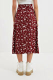 Moda A-line Çiçekli Desen Günlük Midi Boy Yırtmaç Detaylı Viskon Kumaşlı Midi Dokuma Etek