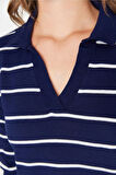 Kadın Modern Tarz Rahat Uzun Polo Yaka Çizgili Kol Regular Triko Kazak