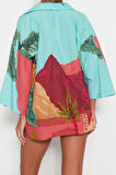 Moda Manzara Gömlek Yaka Düşük Kol Plaj Manzara Desenli Dokuma %100 Pamuklu Gömlek Şort Takım