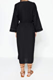 Moda Dokuma Regular Kalıp Uzun V Yaka Standart Kol Crinkle Basic Düz Desen Kimono Kaftan