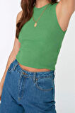Moda Bisiklet Yaka Triko Slim Düz Desen Casual Günlük Crop Kolsuz Bluz