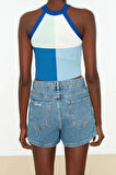 Moda Halter Yaka Triko Slim Renk Bloklu Desen Casual Günlük Crop Kolsuz Bluz