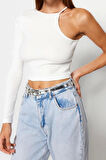 Moda Bisiklet Yaka Örme Slim Düz Desen Casual Günlük Crop Uzun Kol Bluz