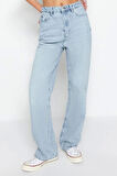 Stil Kadın Moda Denim Kot Pantolon Regular Geniş Paça Lacivert Yüksek Bel Straight Jeans