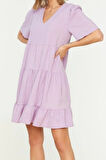 Moda Regular Casual Günlük Aerobin Dokuma V Yaka Kısa Kol Shift Mini Boy Elbise