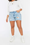 Büyük Beden Moda Denim Yüksek Bel Geniş Paça Gündelik Mavi Şort Bermuda