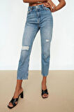 Stil Kadın Moda Denim Kot Pantolon Regular Boru Paça Mavi Yırtık Detaylı Yüksek Bel Jeans