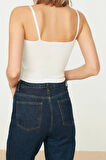 Moda Kalp Yaka Triko Slim Düz Desen Casual Günlük Super Crop Askılı Kol Bluz