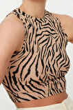 Moda Halter Yaka Örme Slim Animal Desen Casual Günlük Regular Kolsuz Bluz