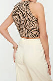 Moda Halter Yaka Örme Slim Animal Desen Casual Günlük Regular Kolsuz Bluz