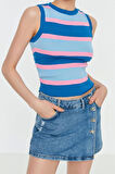 Moda Bisiklet Yaka Triko Slim Çizgili Desen Casual Günlük Crop Kolsuz Bluz