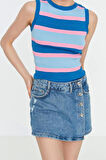 Moda Bisiklet Yaka Triko Slim Çizgili Desen Casual Günlük Crop Kolsuz Bluz