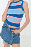 Moda Bisiklet Yaka Triko Slim Çizgili Desen Casual Günlük Crop Kolsuz Bluz