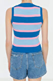 Moda Bisiklet Yaka Triko Slim Çizgili Desen Casual Günlük Crop Kolsuz Bluz