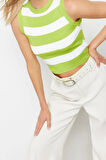 Moda Bisiklet Yaka Triko Slim Çizgili Desen Casual Günlük Crop Kolsuz Bluz