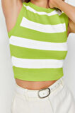Moda Bisiklet Yaka Triko Slim Çizgili Desen Casual Günlük Crop Kolsuz Bluz