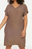 Moda Slim Şık Abiye Gece Bürümcük Örme V Yaka Kısa Kol Shift Mini Boy Büyük Beden Elbise