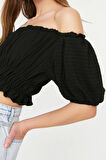 Moda Carmen Yaka Örme Regular Düz Desen Casual Günlük Crop Kısa Kol Bluz