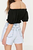 Moda Carmen Yaka Örme Regular Düz Desen Casual Günlük Crop Kısa Kol Bluz
