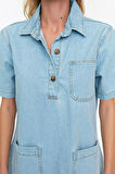 Moda Regular Casual Günlük Rigid Denim Kare Yaka Kısa Kol Gömlek Elbise Mini Boy Elbise