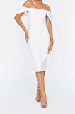 Moda Fit Mezuniyet Balo Finike Dokuma Carmen Yaka Kısa Kol Bodycone Midi Boy Elbise