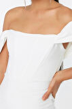 Moda Fit Mezuniyet Balo Finike Dokuma Carmen Yaka Kısa Kol Bodycone Midi Boy Elbise