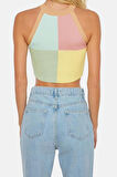 Moda Halter Yaka Triko Slim Renk Bloklu Desen Casual Günlük Crop Kolsuz Bluz