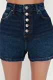 Moda Denim Yüksek Bel Geniş Paça Gündelik Koyu Mavi Önden Düğmeli Yüksek Bel Denim Şort