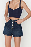 Moda Denim Yüksek Bel Geniş Paça Gündelik Koyu Mavi Önden Düğmeli Yüksek Bel Denim Şort