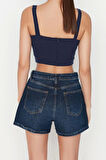 Moda Denim Yüksek Bel Geniş Paça Gündelik Koyu Mavi Önden Düğmeli Yüksek Bel Denim Şort