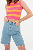 Moda Bisiklet Yaka Triko Slim Çizgili Desen Casual Günlük Crop Kolsuz Bluz