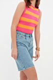 Moda Bisiklet Yaka Triko Slim Çizgili Desen Casual Günlük Crop Kolsuz Bluz